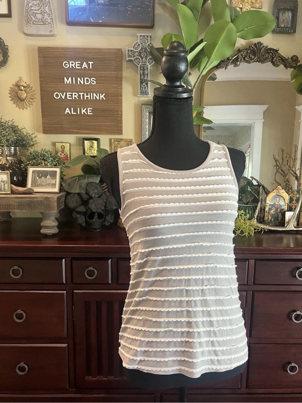 Modcloth Grey White Striped Scallops Sleeveless Tank